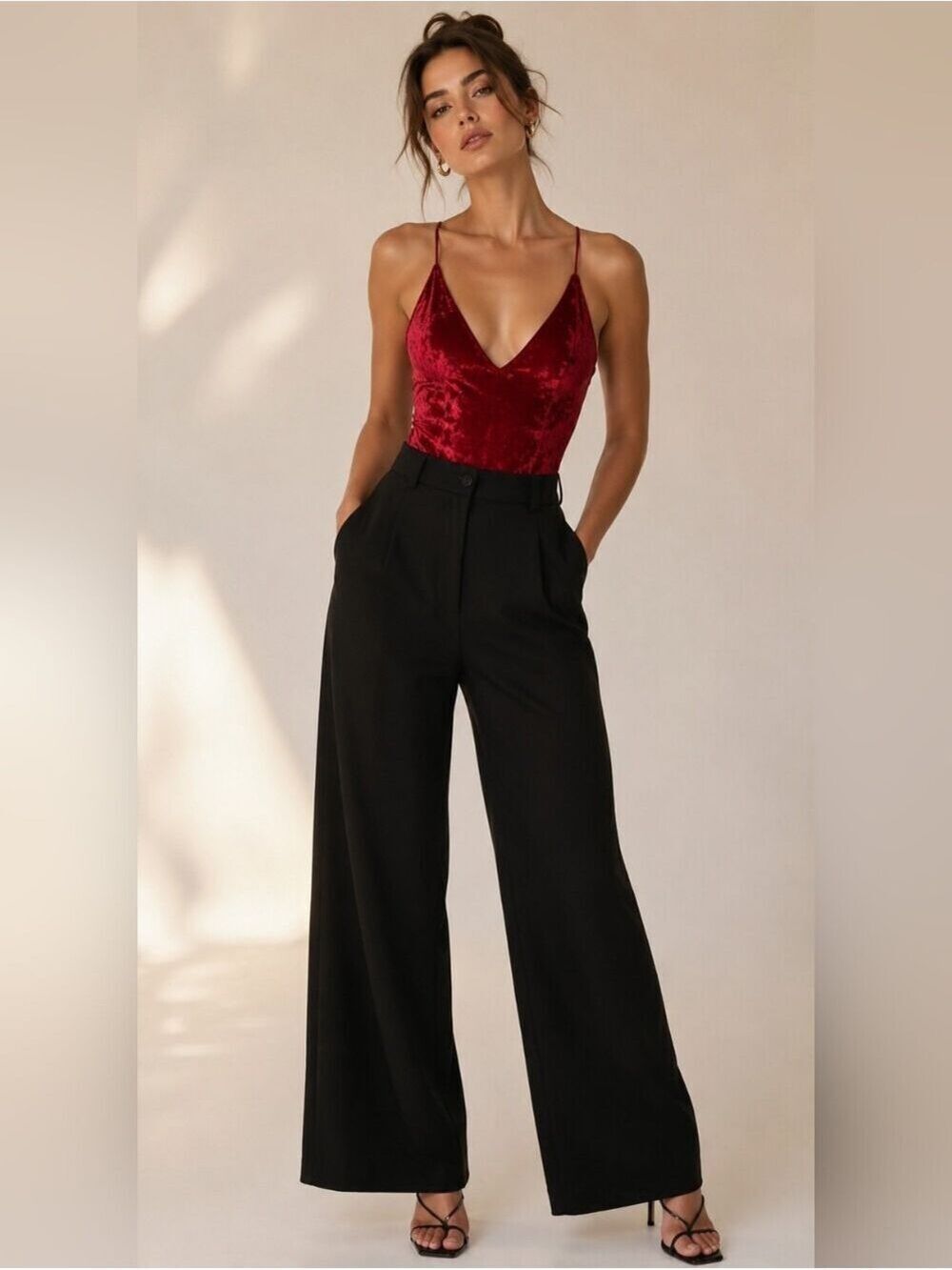 H&M Divided Red Crushed Velvet Strappy Back Bodysuit Sleeveless Party Top Small